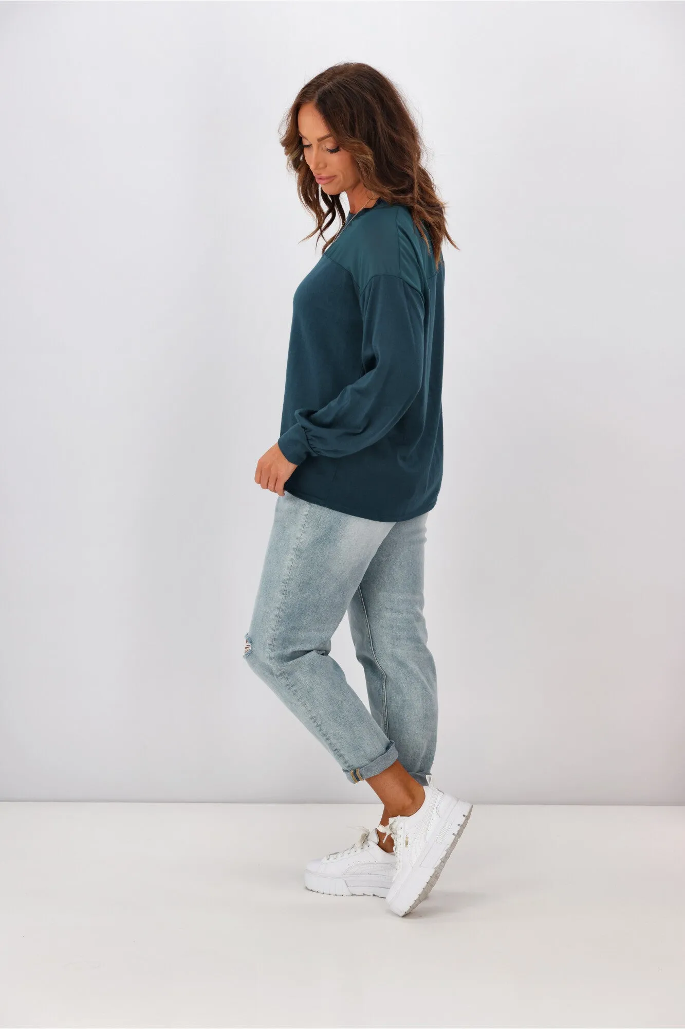 Alpine by Shine On Fleur  Chiffon Yoke Merino Top Teal