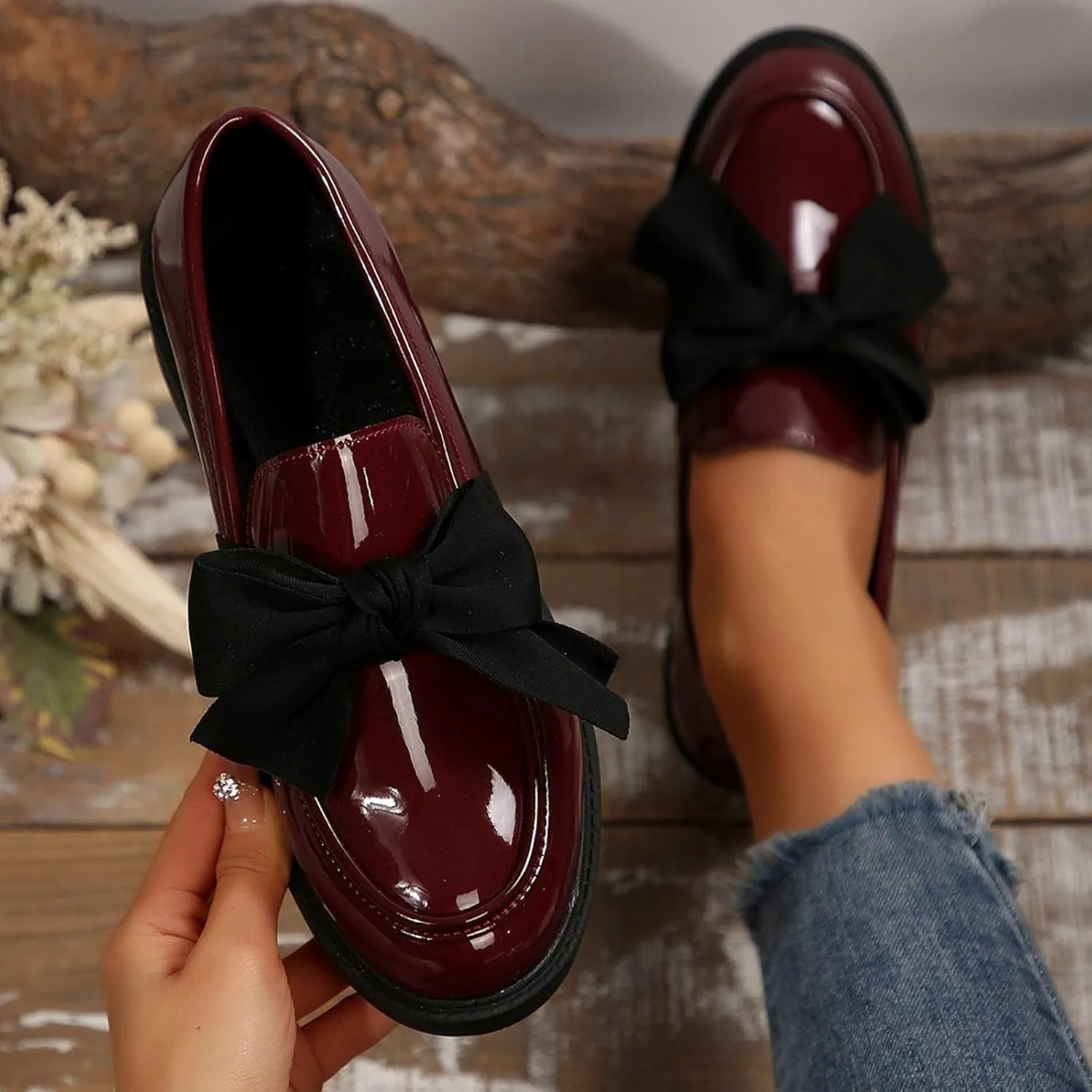 Chunky Loafers for Women Dressy Work Shoe Fashion Penny Loafer Slip on Business Shoes Bowknot Casual Work Shoes