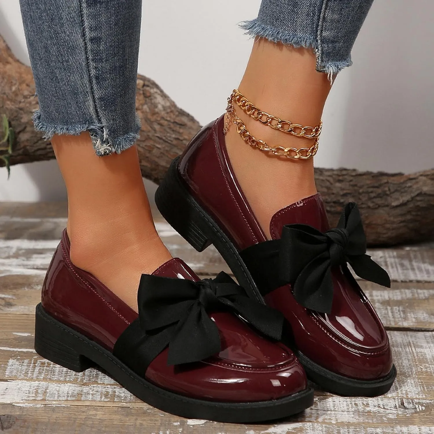 Chunky Loafers for Women Dressy Work Shoe Fashion Penny Loafer Slip on Business Shoes Bowknot Casual Work Shoes