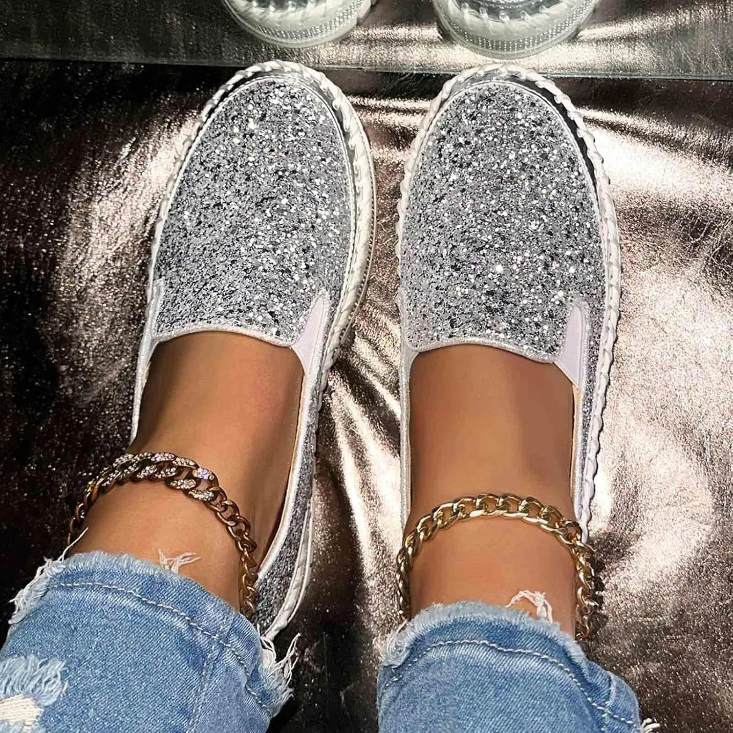 Glitter Platform Sneakers Women Slip On Shoe Fashion Bling Tennis Shoes Dressy Sneakers Sequin Rhinestone Shoes