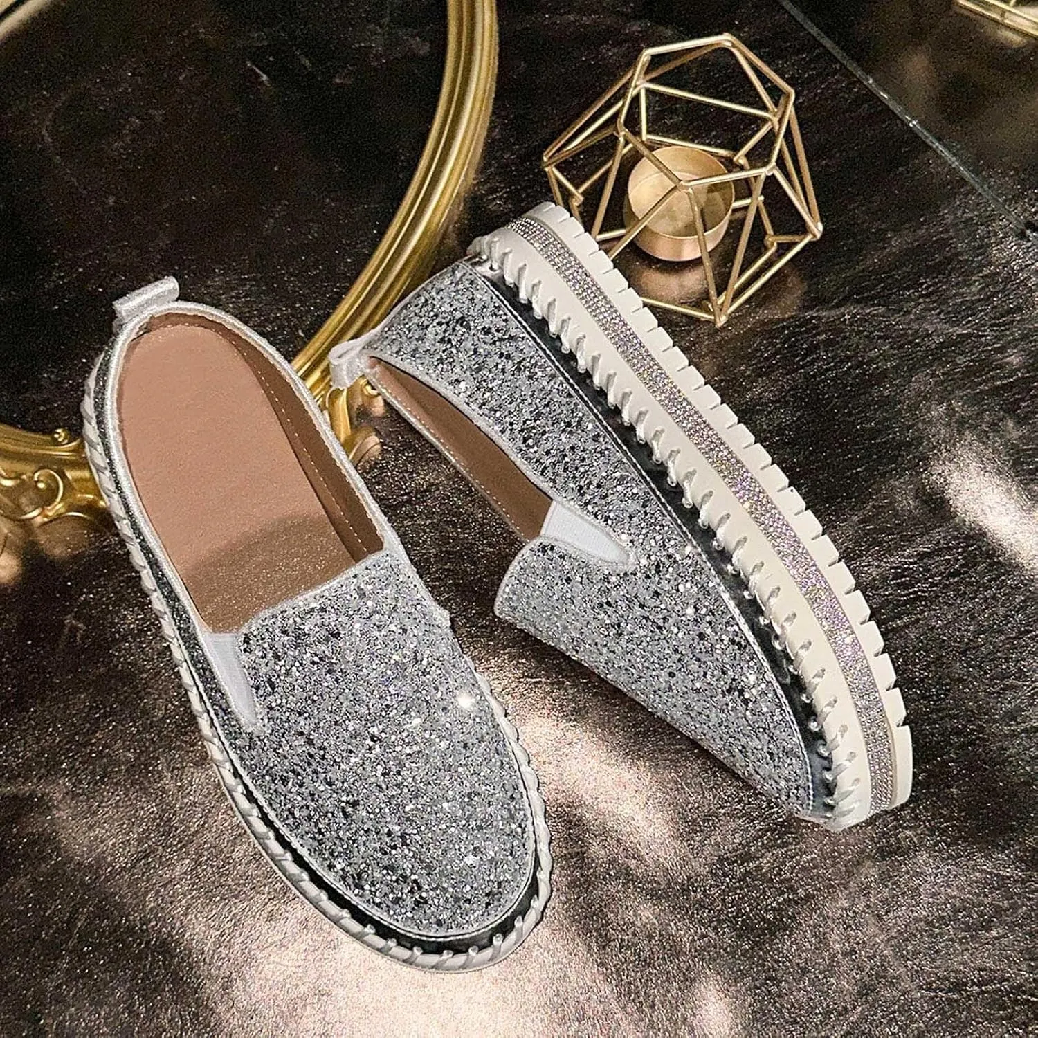 Glitter Platform Sneakers Women Slip On Shoe Fashion Bling Tennis Shoes Dressy Sneakers Sequin Rhinestone Shoes