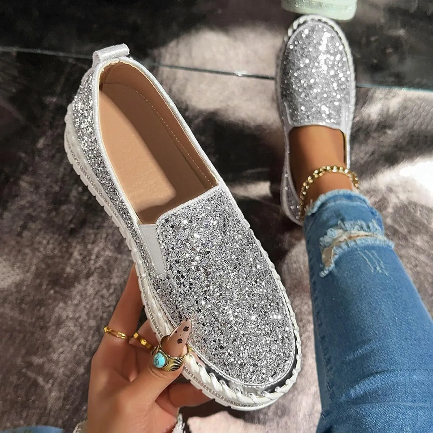 Glitter Platform Sneakers Women Slip On Shoe Fashion Bling Tennis Shoes Dressy Sneakers Sequin Rhinestone Shoes