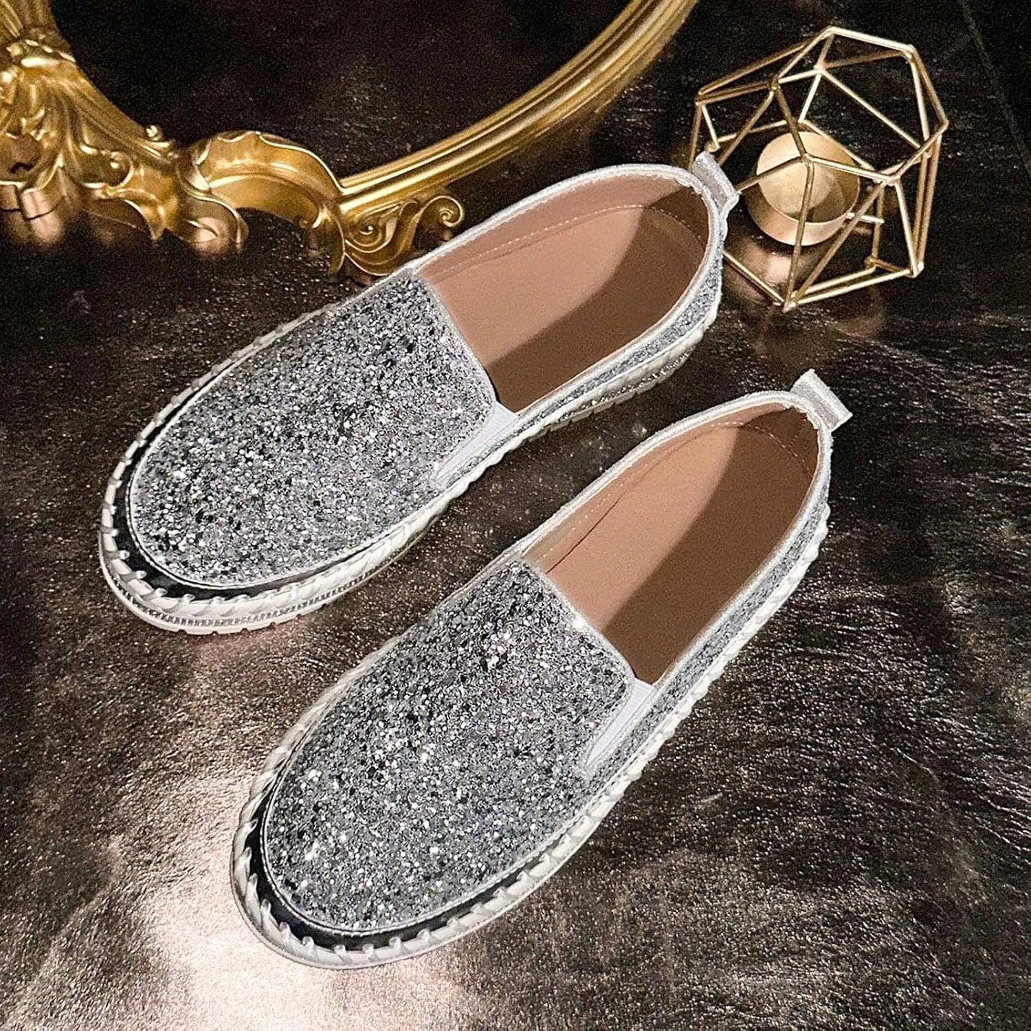 Glitter Platform Sneakers Women Slip On Shoe Fashion Bling Tennis Shoes Dressy Sneakers Sequin Rhinestone Shoes