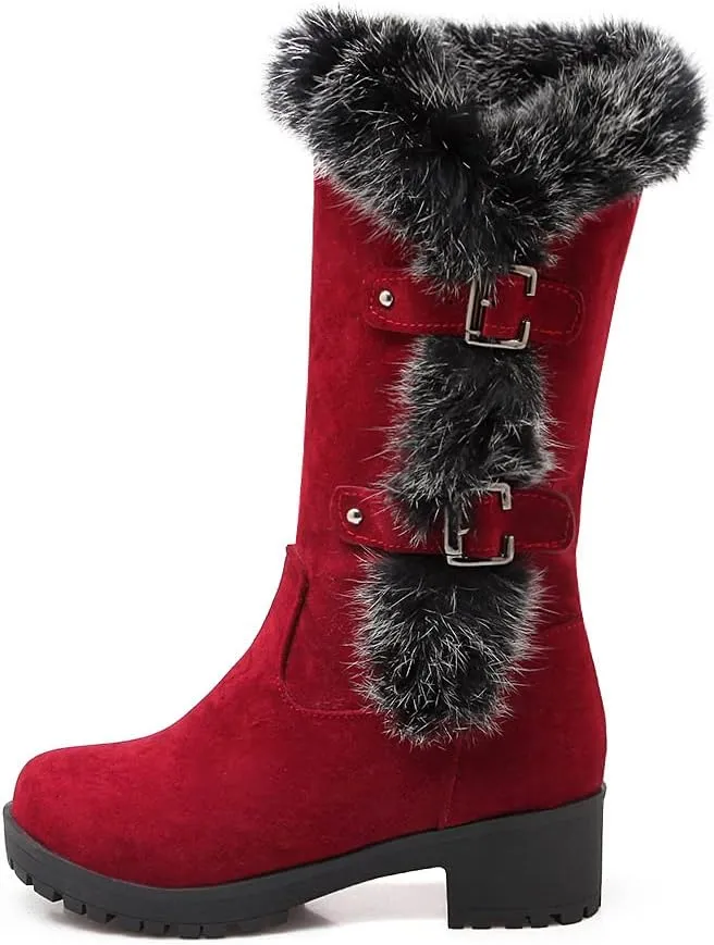 HINDOLA Womens Mid Calf Snow Boots Winter Waterproof Comfortable Warm Booties Fur Lined Outdoor Anti-Slip Buckle Strap Boots