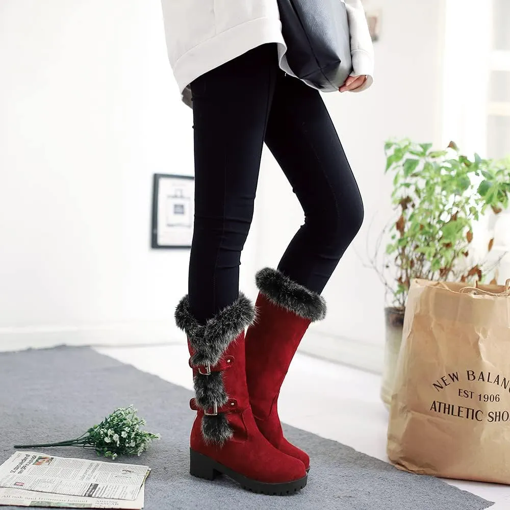 HINDOLA Womens Mid Calf Snow Boots Winter Waterproof Comfortable Warm Booties Fur Lined Outdoor Anti-Slip Buckle Strap Boots