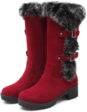 HINDOLA Womens Mid Calf Snow Boots Winter Waterproof Comfortable Warm Booties Fur Lined Outdoor Anti-Slip Buckle Strap Boots