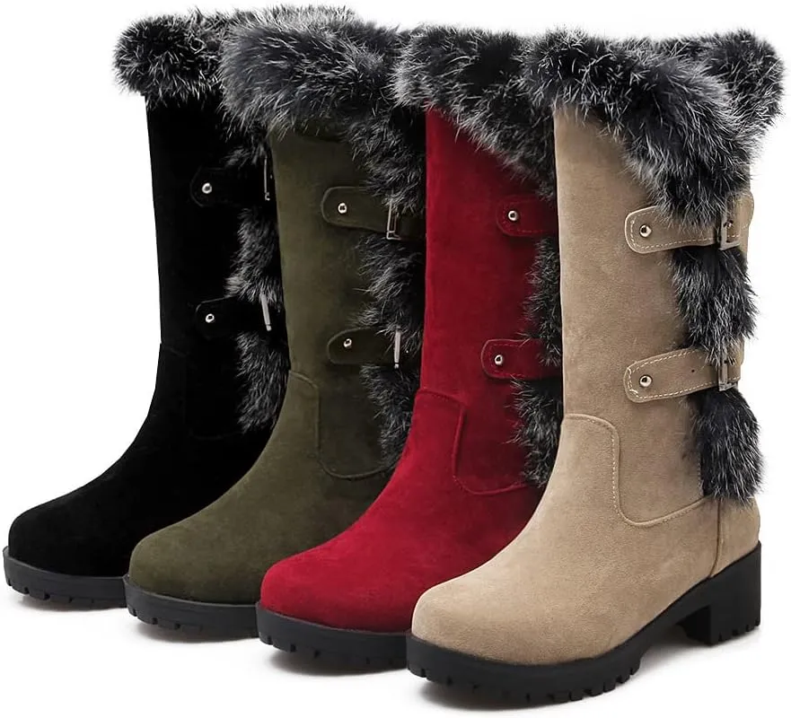 HINDOLA Womens Mid Calf Snow Boots Winter Waterproof Comfortable Warm Booties Fur Lined Outdoor Anti-Slip Buckle Strap Boots