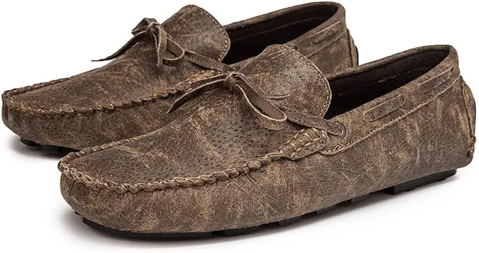 HOOENG Smoking Loafer Driving Moccasins for Men Genuine Leather Deck Shoes Stitching Details Faux Snake Print Round Toe Lightweight Resistant Anti-Slip (Color : Khaki, Size : 7.5)