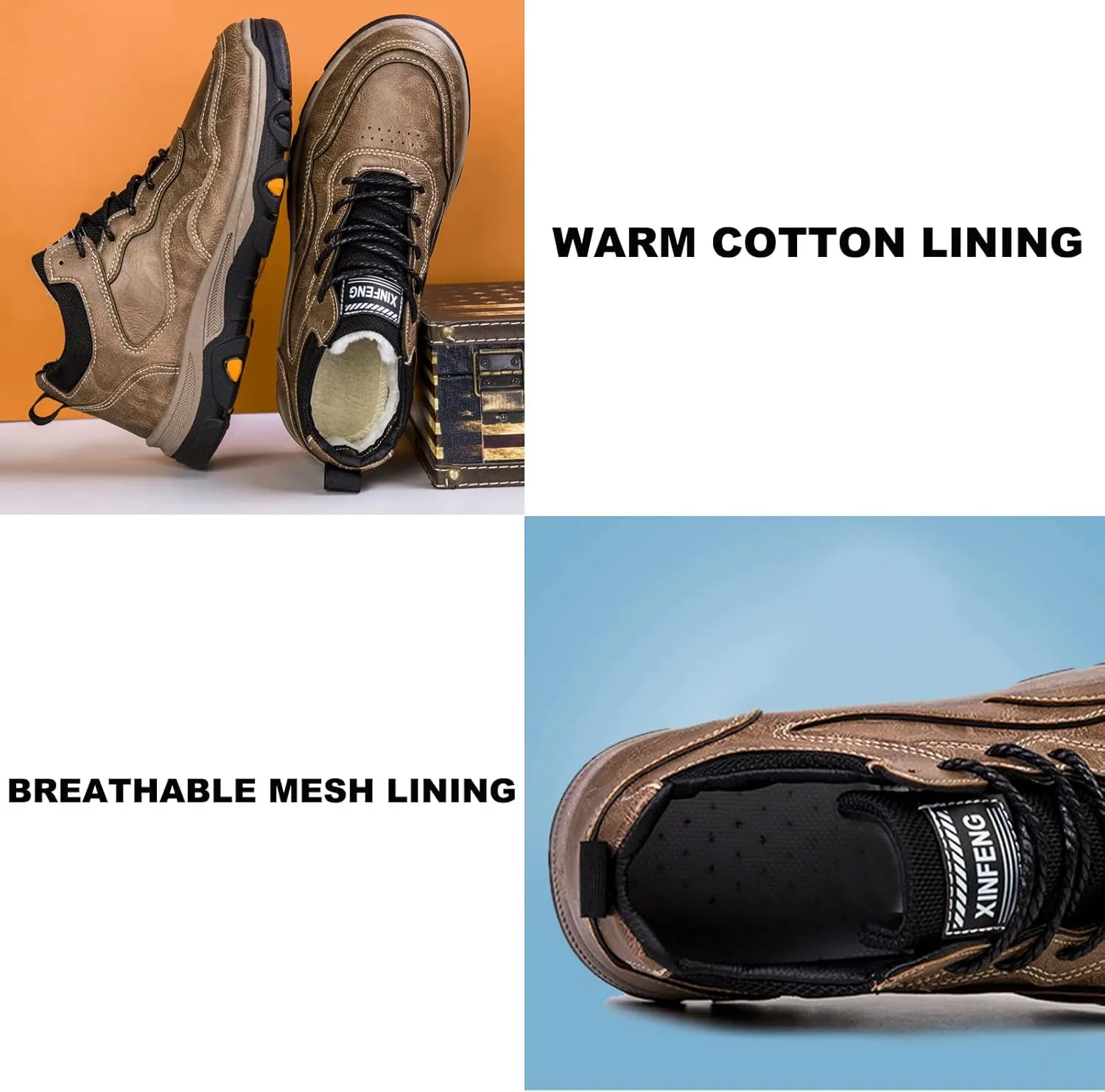 Men's Leather Fleece Ankle Cotton Boots, Outdoor Mountaineering Running Fitness Leisure Sneakers, Non-Slip Warm Walking Driving Office Shoes
