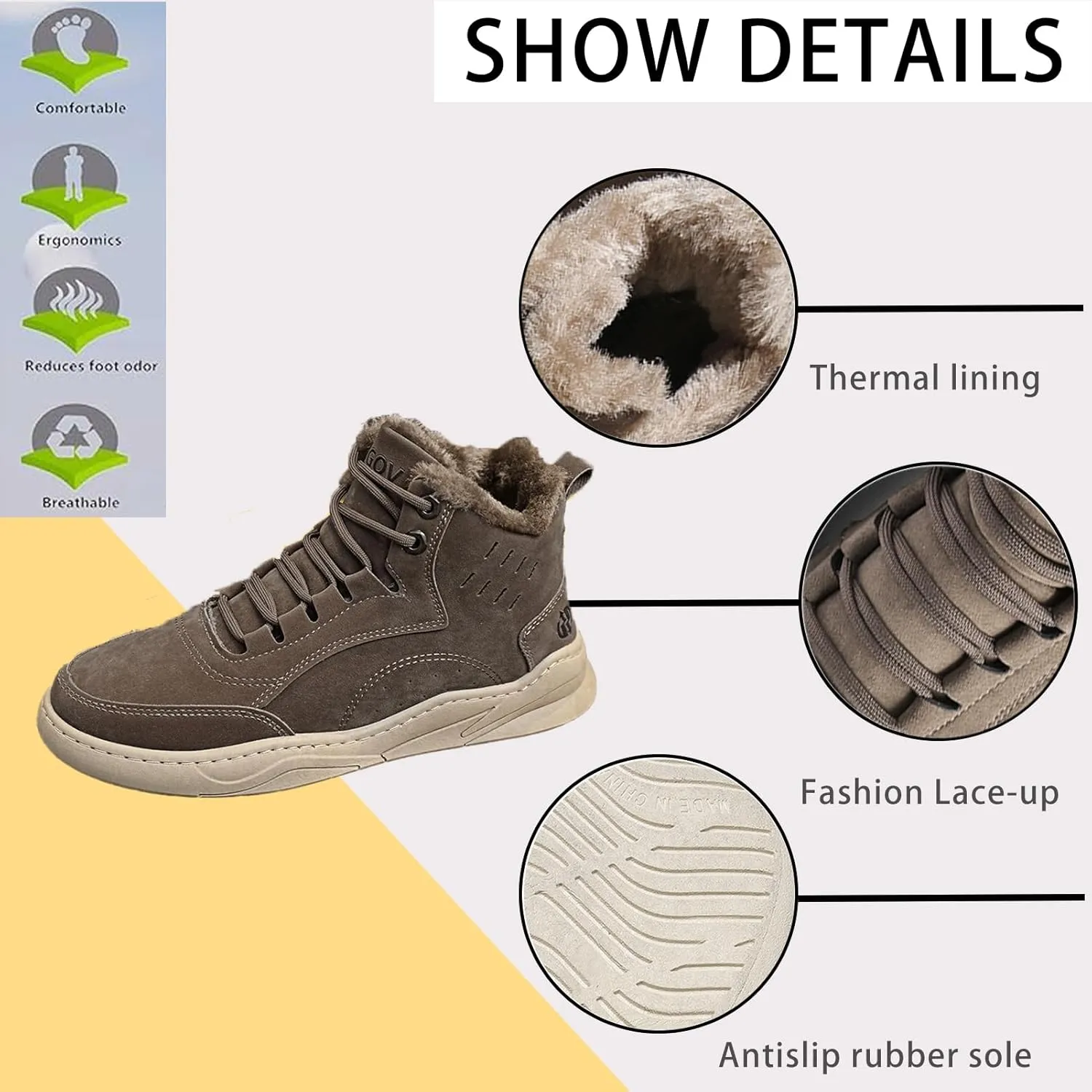 Men's Winter Hiking Boots Retro Round Toe Lace-up Plush Lining Warm Snow Boots Outdoor Non-Slip Trekking Walking Booties