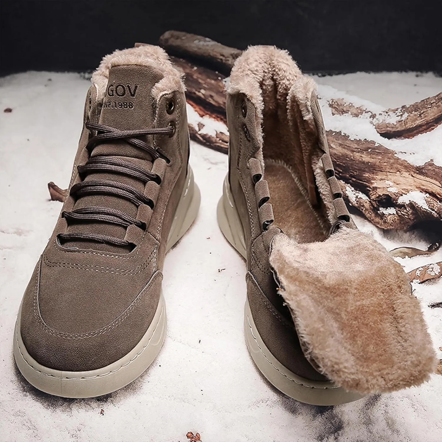 Men's Winter Hiking Boots Retro Round Toe Lace-up Plush Lining Warm Snow Boots Outdoor Non-Slip Trekking Walking Booties