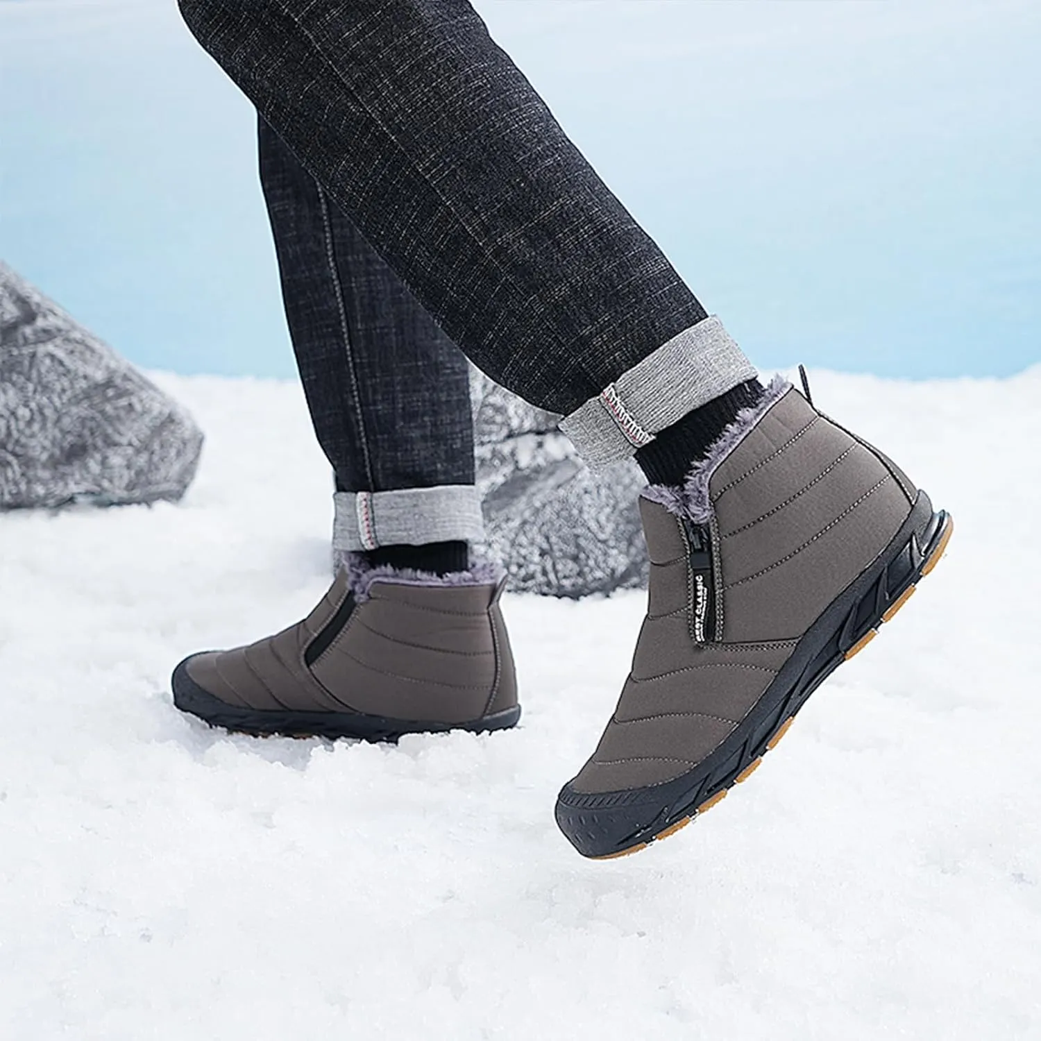 Mens Winter Warm Snow Boots Fur Lined Waterproof Winter Shoes Retro Anti-Collision Round Toe Side Zipper Anti-Slip Lightweight Ankle Boot