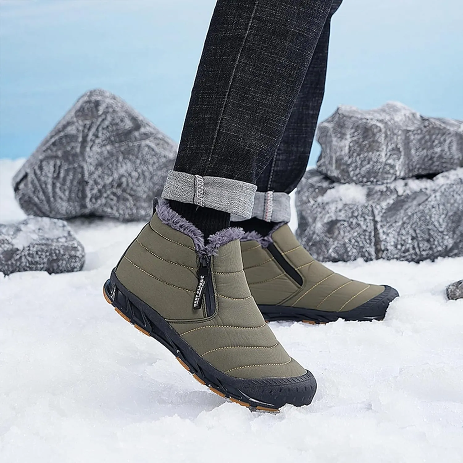 Mens Winter Warm Snow Boots Fur Lined Waterproof Winter Shoes Retro Anti-Collision Round Toe Side Zipper Anti-Slip Lightweight Ankle Boot