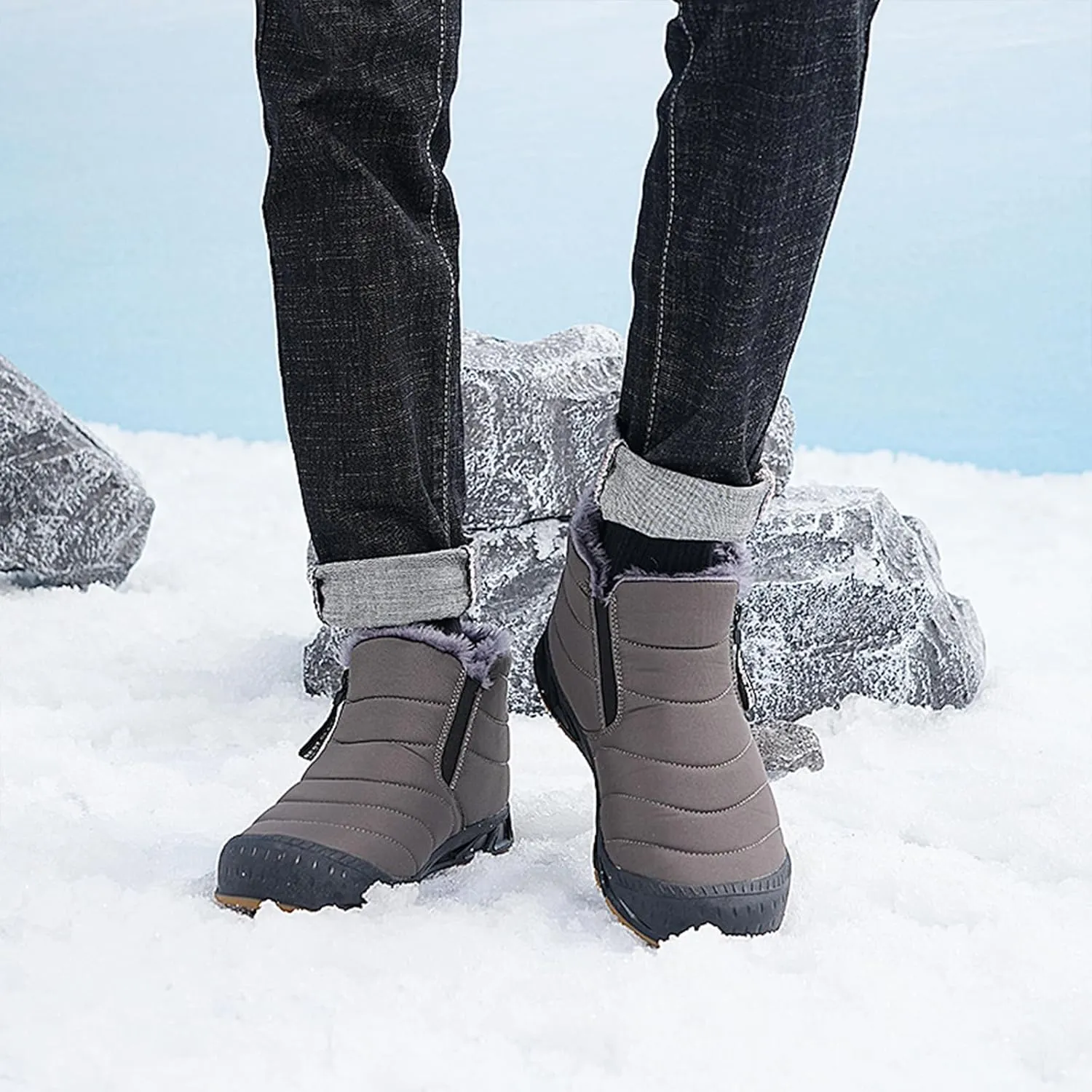 Mens Winter Warm Snow Boots Fur Lined Waterproof Winter Shoes Retro Anti-Collision Round Toe Side Zipper Anti-Slip Lightweight Ankle Boot