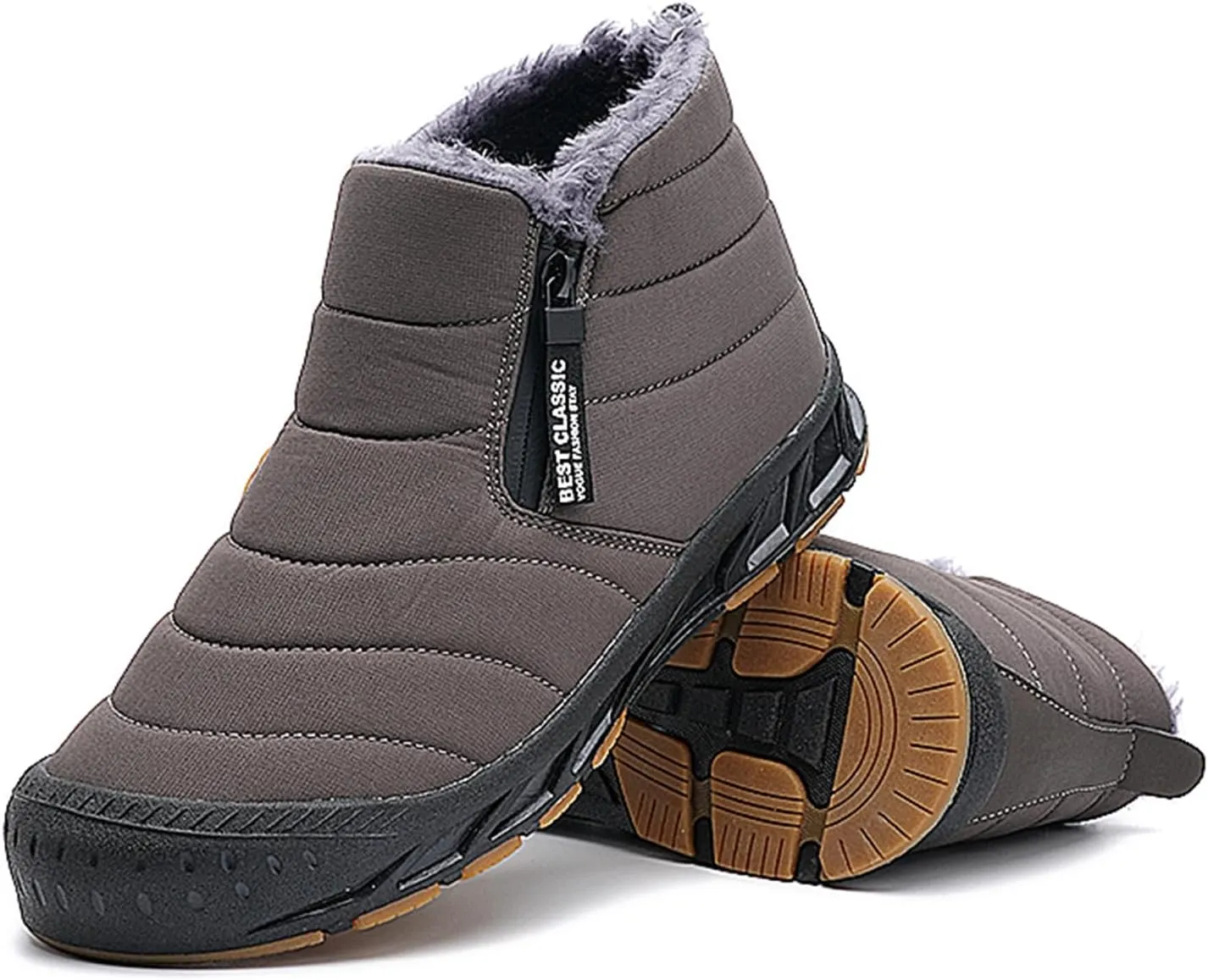 Mens Winter Warm Snow Boots Fur Lined Waterproof Winter Shoes Retro Anti-Collision Round Toe Side Zipper Anti-Slip Lightweight Ankle Boot