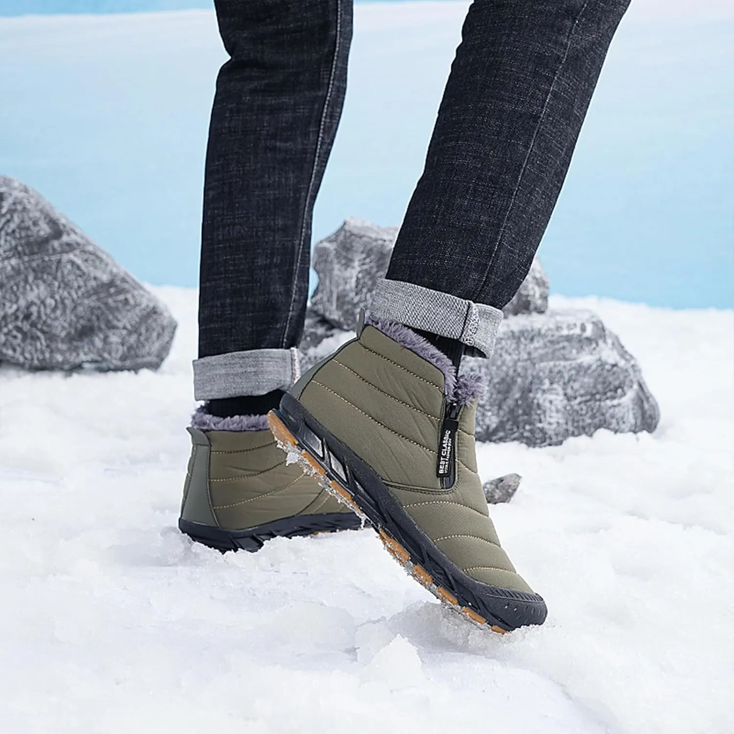 Mens Winter Warm Snow Boots Fur Lined Waterproof Winter Shoes Retro Anti-Collision Round Toe Side Zipper Anti-Slip Lightweight Ankle Boot