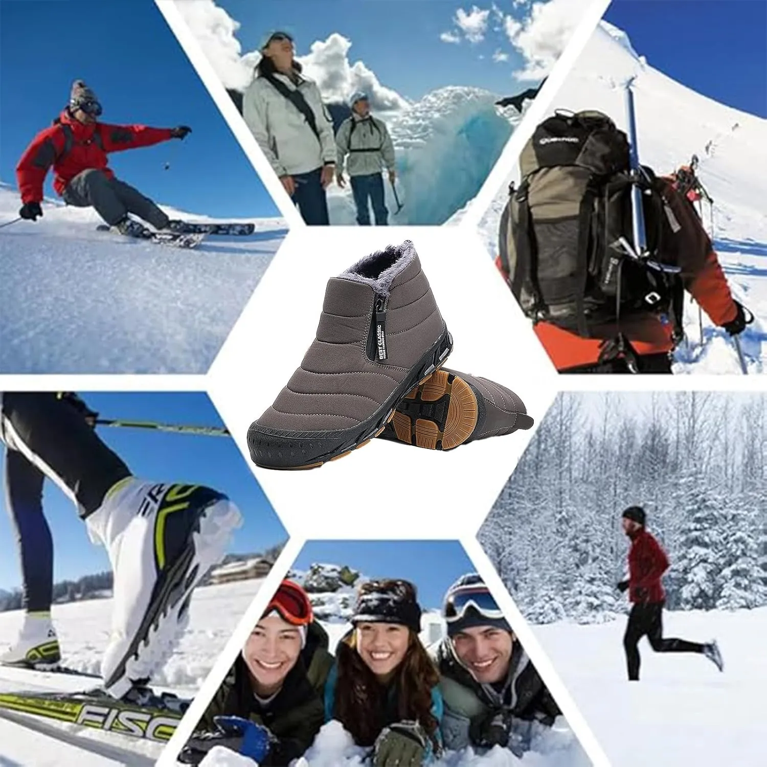 Mens Winter Warm Snow Boots Fur Lined Waterproof Winter Shoes Retro Anti-Collision Round Toe Side Zipper Anti-Slip Lightweight Ankle Boot