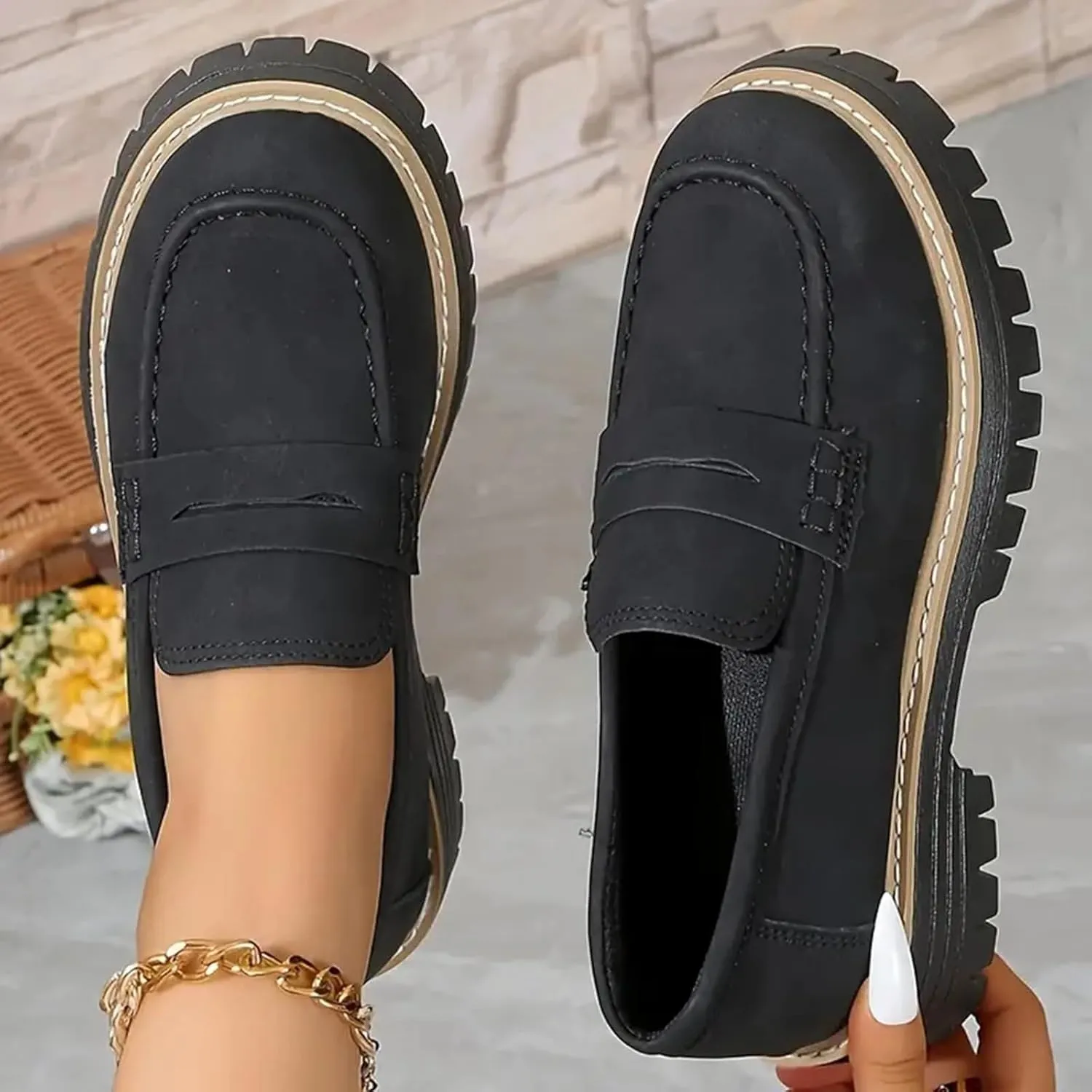 Orthoture-Orthopedic Platform Loafers Comfort Walking Shoes Womens Round Toe Slip on Loafers Lightweight Chunky Heel Shoes