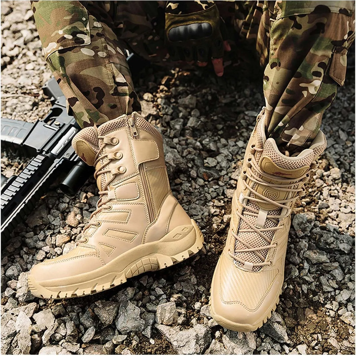 Renyqatt Military Boots for Men Tactical Work Boots Side Zipper Leather Motorcycle Combat Boots