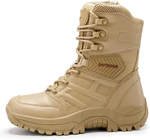 Renyqatt Military Boots for Men Tactical Work Boots Side Zipper Leather Motorcycle Combat Boots