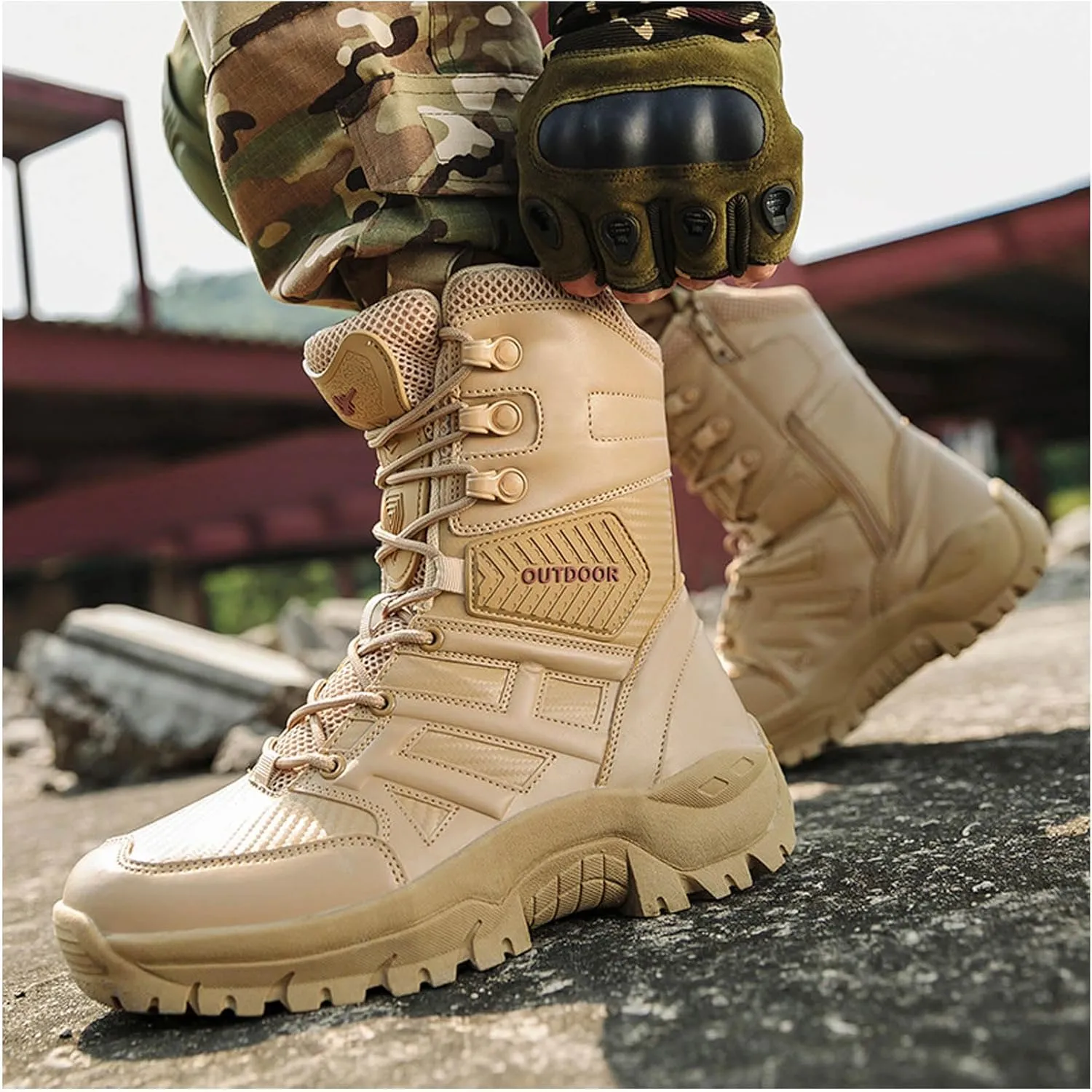 Renyqatt Military Boots for Men Tactical Work Boots Side Zipper Leather Motorcycle Combat Boots
