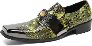 Santimon Mens Loafers Dress Casual Slip On Genuine Leather Yellow Gemstone Mocassins Snakeskin Texture Metal-Square Toe Penny Loafers Prom Wedding Western Party Disco Tuxedo Shoes for Mens