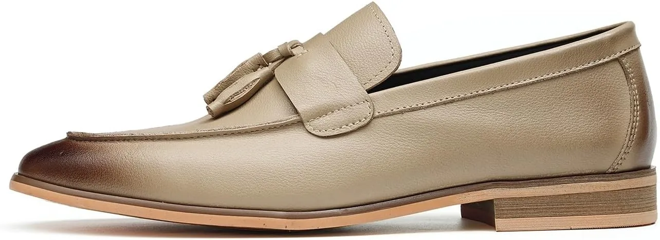 Santimon Mens Tassel Loafers Genuine Leather Slip-On Shoes Breathable Black & Light Gray Business Formal Dress & Prom Dress Shoes