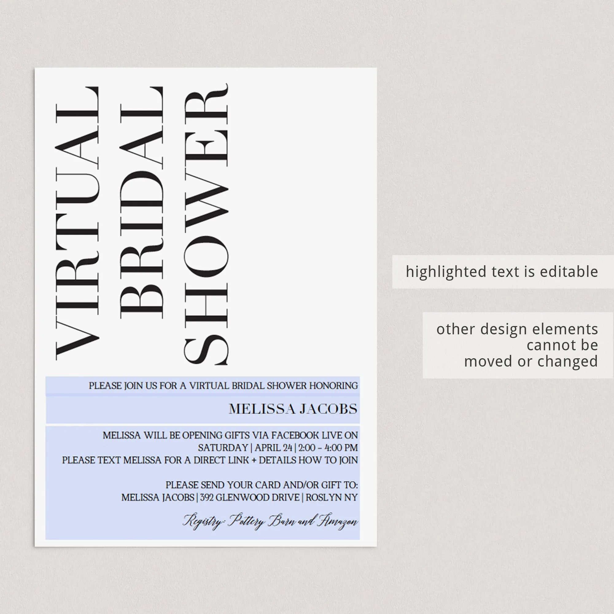 Virtual Bridal Shower Invite Editable Template