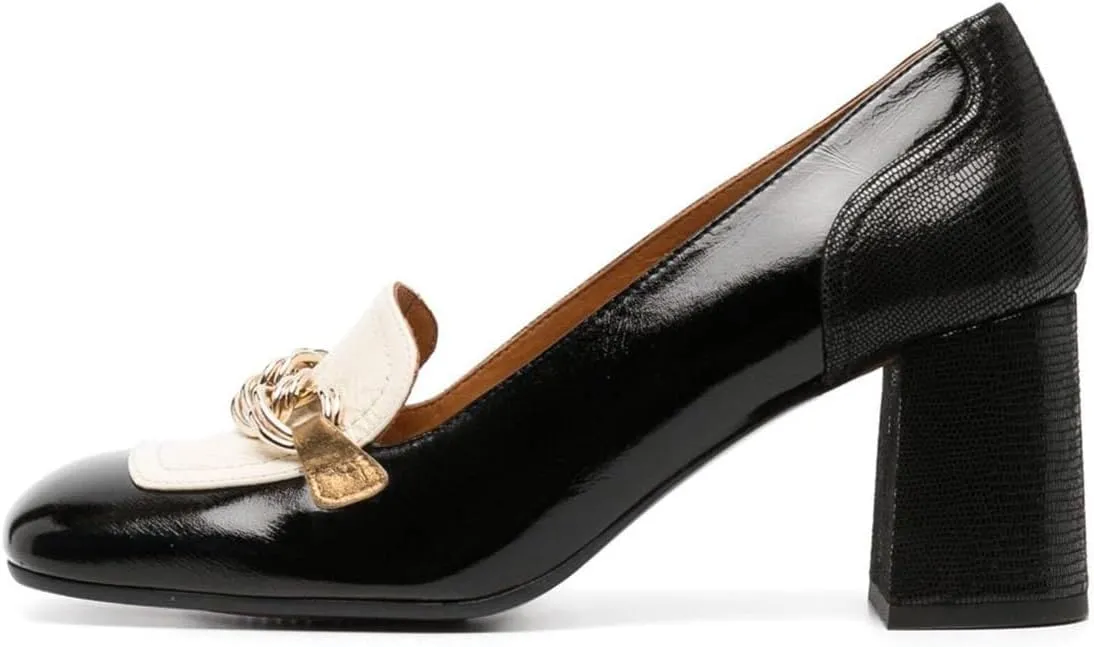 Women Fashion Chain Chunky High Heel Slip on Loafers Closed Round Toe Casual Party Event Pumps Size 4-16 US
