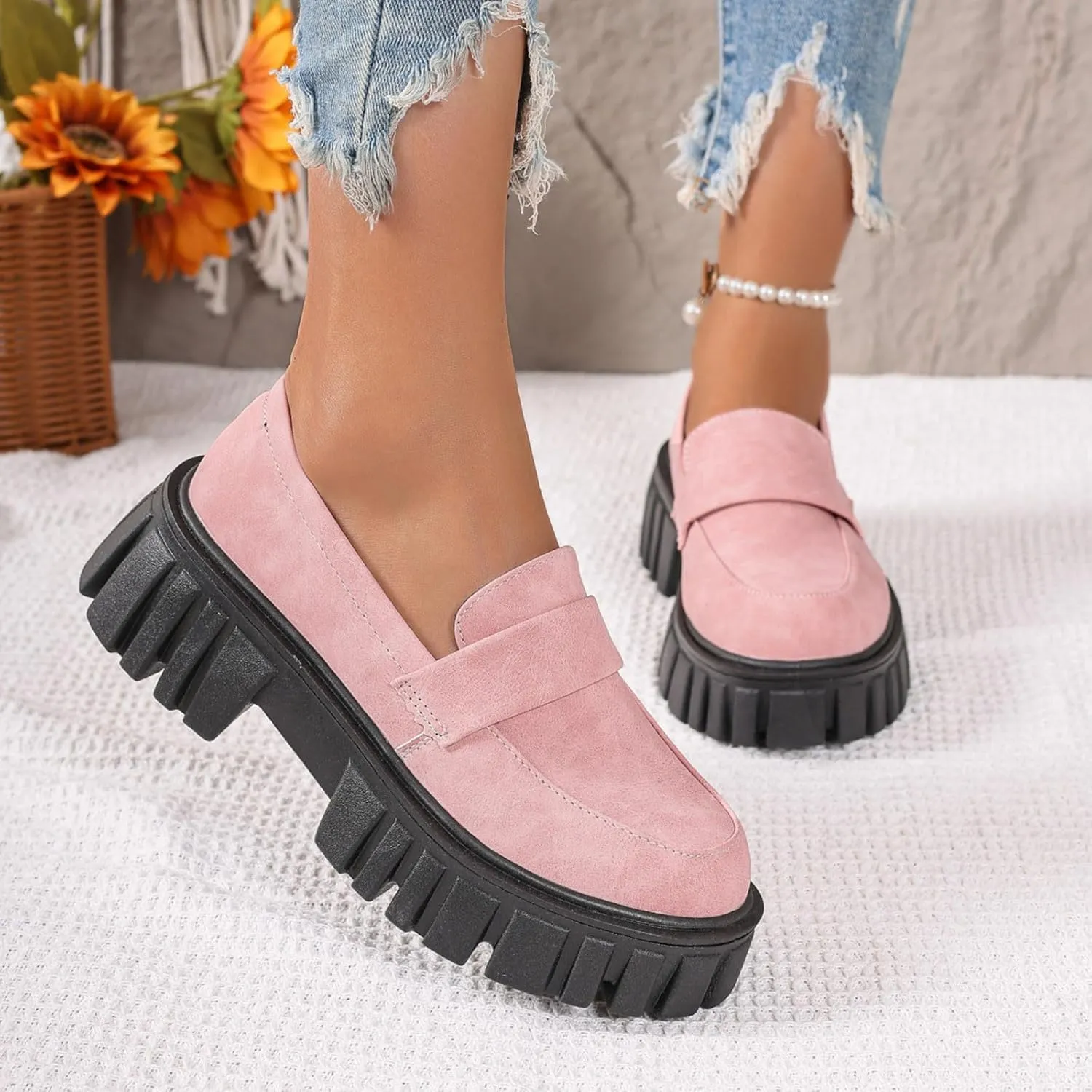 Women's Loafers Comfortable Business Shoes Slip On Platform Loafers Lug Sole Loafers Chunky Casual Shoes
